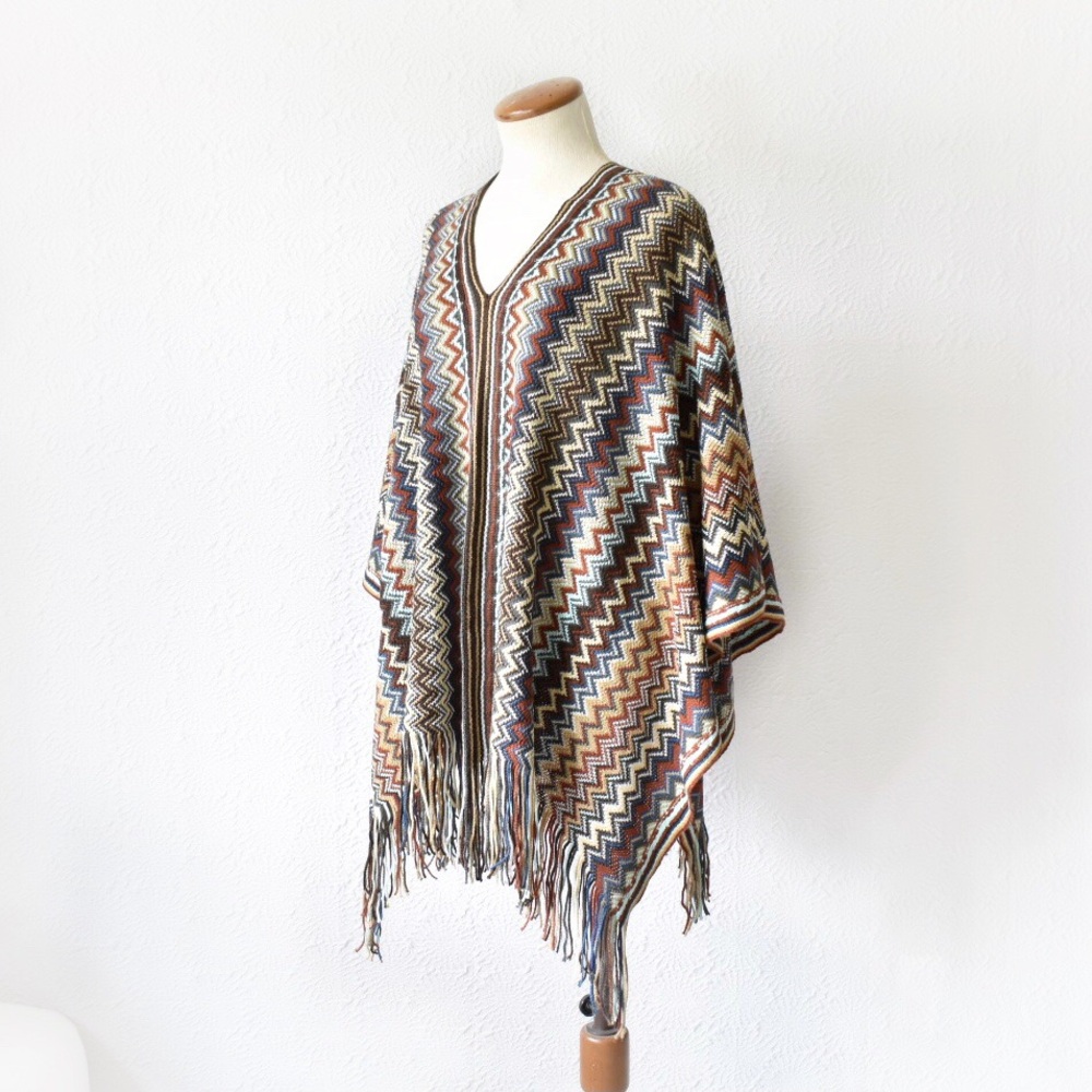 Kimberly C. Zig-Zag Fringe Knit Poncho